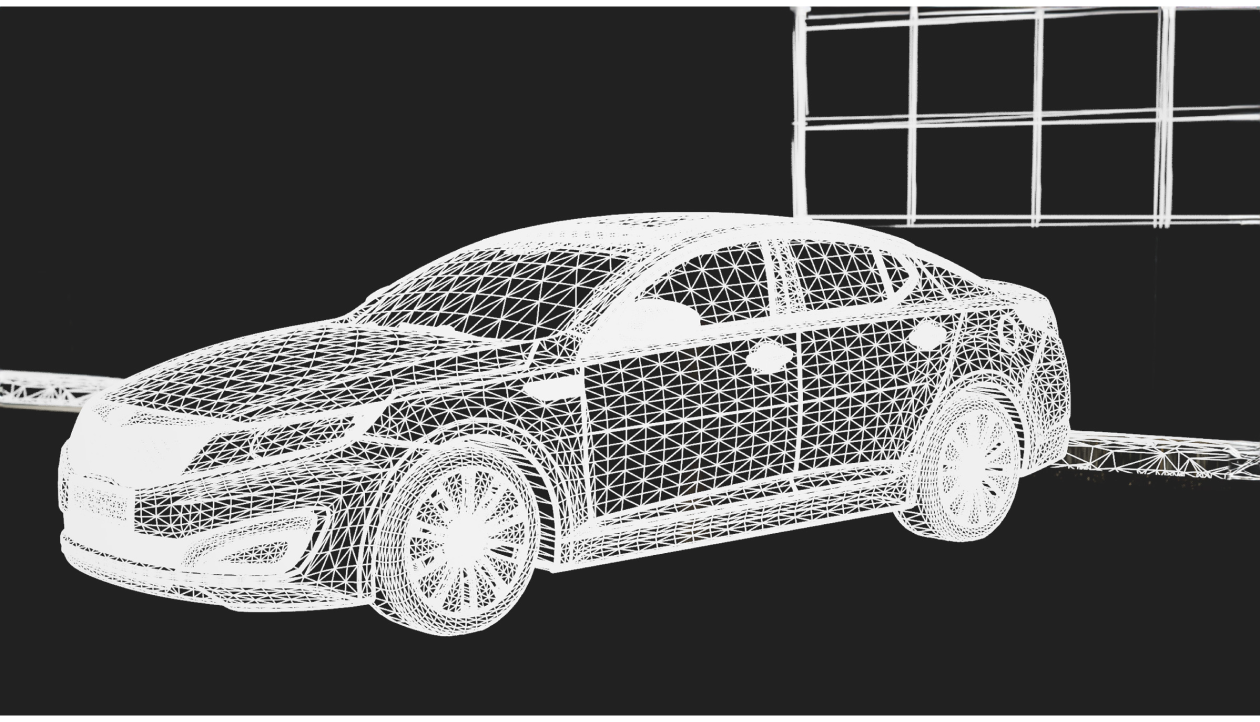 A wireframe 3D model of a car is displayed, showing its structure in a virtual environment.