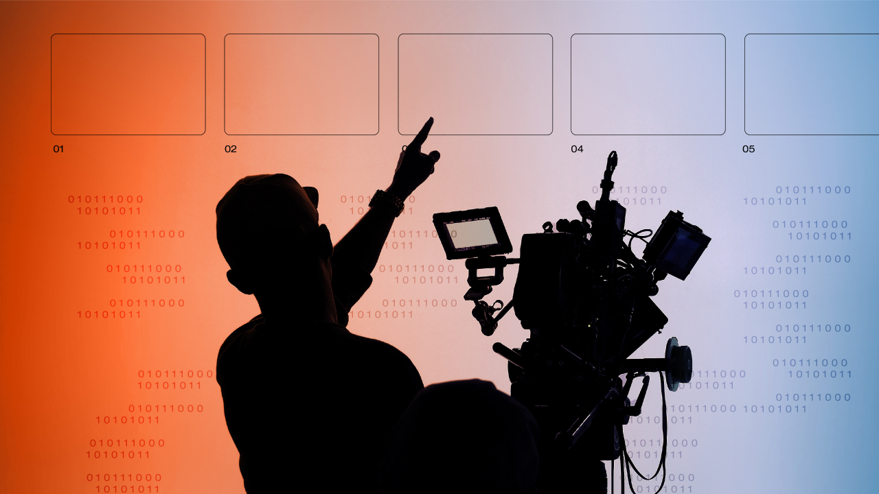 A silhouette of a camera operator pointing at a screen with binary codes and storyboard frames projected on a gradient background.